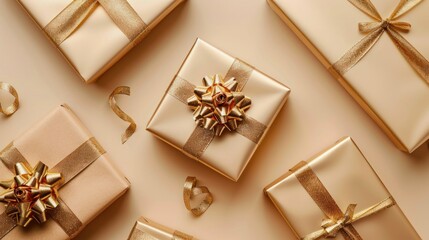 Gold gifts, beige background, celebration, ribbon, flatlay