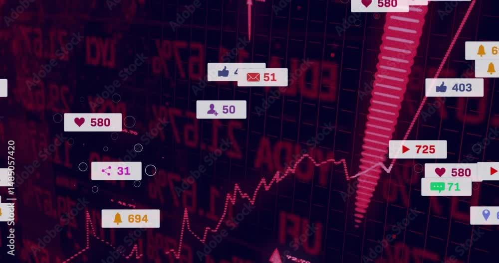 Poster floating notification panels moving over dark red flat design dashboard, showing charts and icons