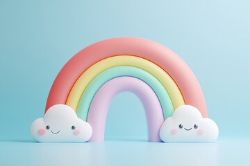 Cute rainbow with clouds.  A pastel rainbow arch with smiling clouds sits on a light blue background.  3D rendering