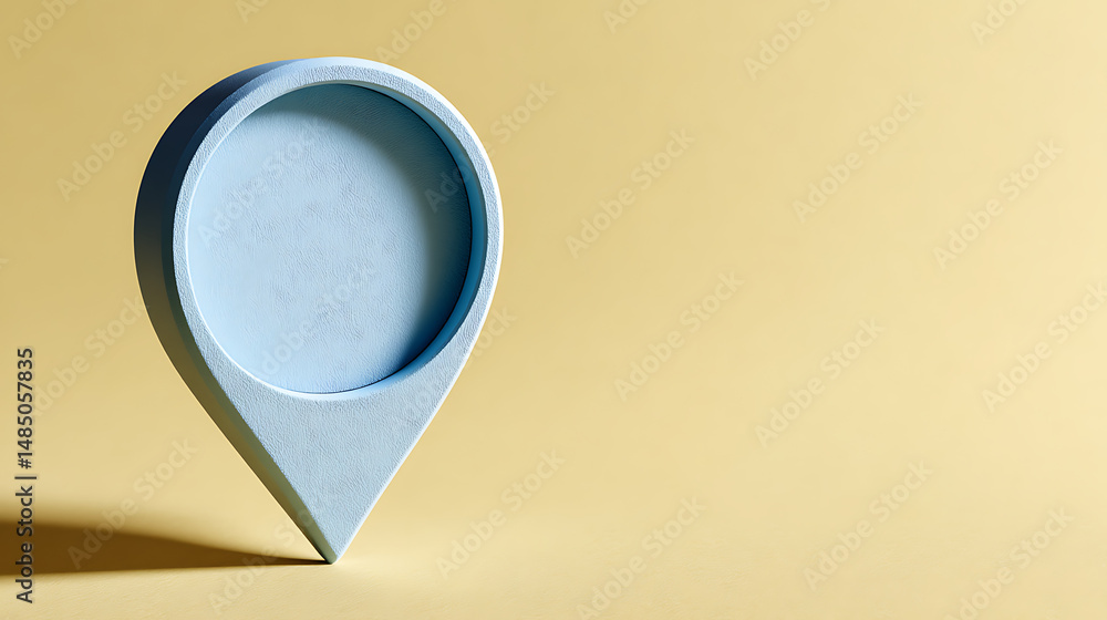 Poster light blue location pin pointer standing on yellow background indicating gps navigation and travel d