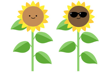 かわいいひまわり ２輪 (笑顔とサングラス) 顔付きキャラクター ベクター素材イラスト