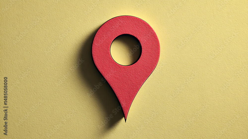 Poster red map pointer or location pin icon on a textured yellow background casting a shadow, symbolizing n