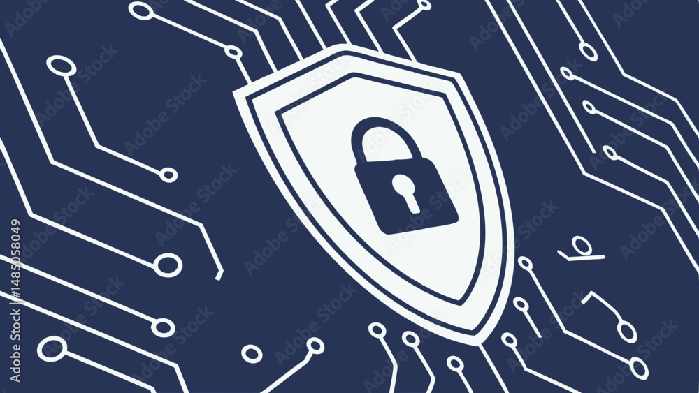 Poster vector digital shield with illuminated lock icon represents cybersecurity and protection. this conve