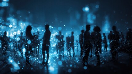 Abstract Blue Toned Double Exposure of People in a Network Setting