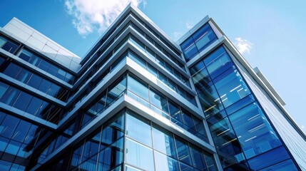 Obraz premium Modern glass office building, city skyline, sunny day, corporate success