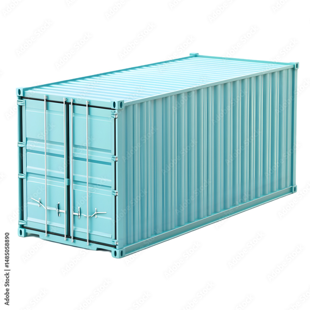 Poster light-blue rectangular cargo container is shown, set against a black background. its design and stru