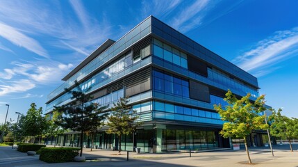 Modern glass office building, sunny day, cityscape, urban development, real estate