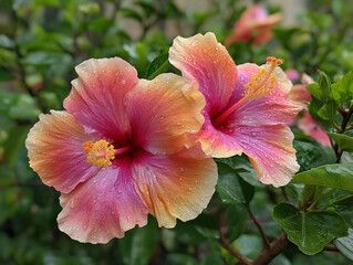 Bright exotic hibiscus flowers with lush greenery
