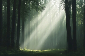 Fototapeta premium Mysterious forest with sunlight filtering through tall trees during early morning hours