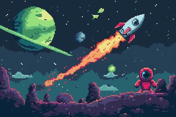 Pixel Art Rocket Launch in Space with Alien Varient 4