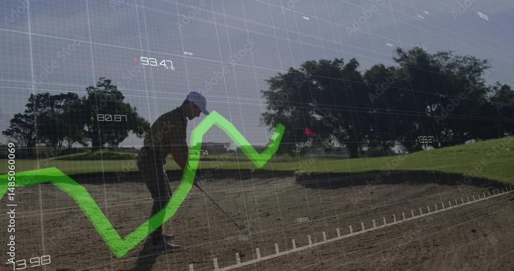 Aufkleber golfer swinging club in bunker, showcasing grid with numeric data and green line graph technology