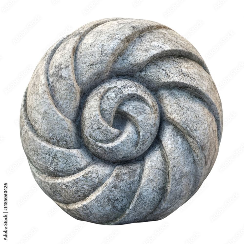 Poster circular, stone carving displays intricate spiral patterns and relief work. the stone's muted tones 