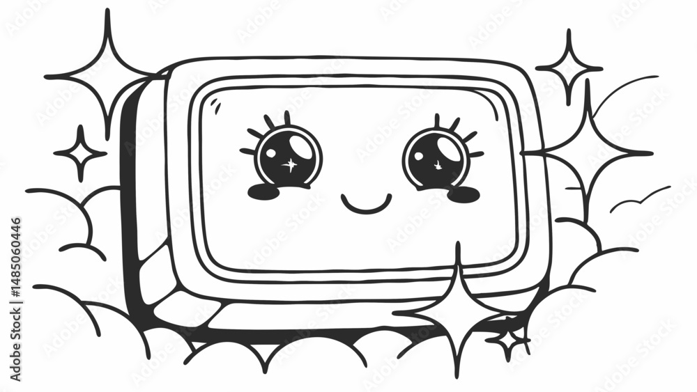 Poster cartoon computer with a cute face surrounded by stars and clouds in black and white style design cre