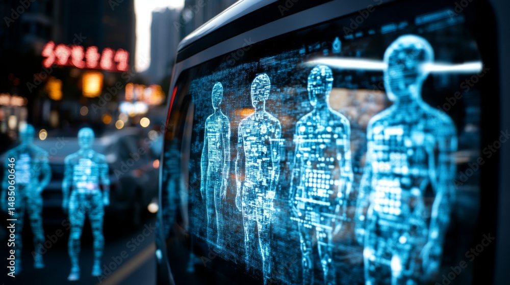Poster Citizens interact in a high tech urban environment where holographic avatars represent their identities within an AI governed society, showcasing a blend of reality and cyberspace.