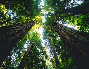 A view looking up at tall redwood trees with green leaves against a bright sky in the forest scene