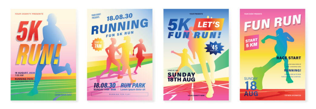 Sport event poster design background vector set. Running sport cover template with vibrant abstract gradient geometric shape and people running. Ideal design for social media, flyer, promotion, card.
