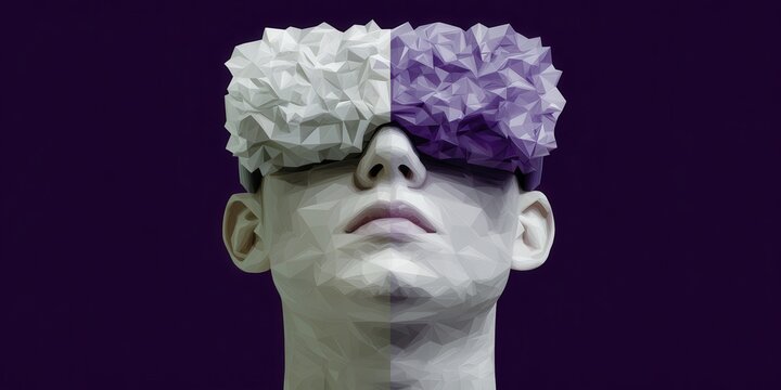 Abstract portrait of a person with geometric shapes and dual colored hair representing the balance of technology and humanity highlighting creativity and digital expression