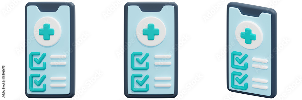 Poster set of 3d isometric view of a mobile healthcare application with checkboxes 3d render icon illustrat