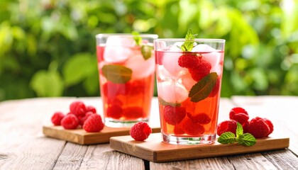 Refreshing raspberry detox water with ice in a glass placed on the table.