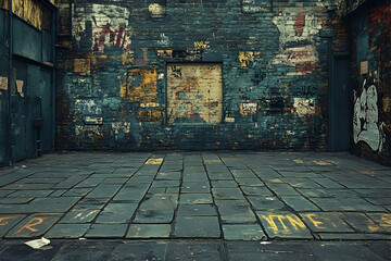 Urban scene features aged brick wall, patches, graffiti, and tiled pavement, showcasing a gritty, textural environment