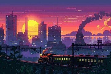 Naklejka premium Pixel Art Steam Train at Sunset in City Varient 4