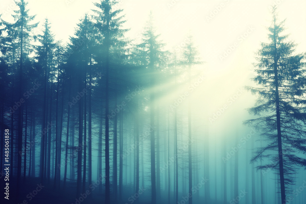 Poster misty fog envelops a dense forest creating an ethereal atmosphere during early morning hours