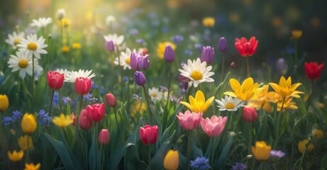 Tulipanes y narcisos coloridos florecen en el jardín primaveral bajo la hermosa luz del sol. Fondo de flores primaverales, papel tapiz floral, diseño de banner para foto de stock.