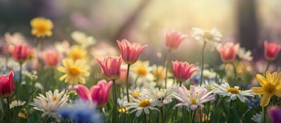 Tulipanes y narcisos coloridos florecen en el jardín primaveral bajo la hermosa luz del sol. Fondo de flores primaverales, papel tapiz floral, diseño de banner para foto de stock.