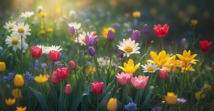 Tulipanes y narcisos coloridos florecen en el jard&iacute;n primaveral bajo la hermosa luz del sol. Fondo de flores primaverales, papel tapiz floral, dise&ntilde;o de banner para foto de stock.