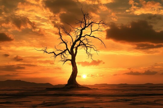 Silhouette of a bare tree against a vibrant orange sunset with cloudy sky