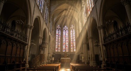 Naklejka premium Cathedral interior showcasing divine light and stained glass windows, with arches and rows of seating