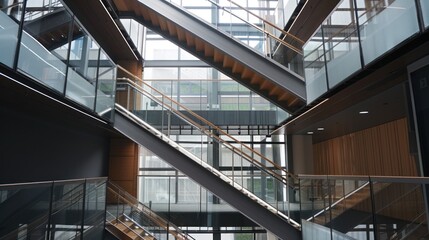 Fototapeta premium Modern atrium stairs, glass walls, wood accents, office building interior