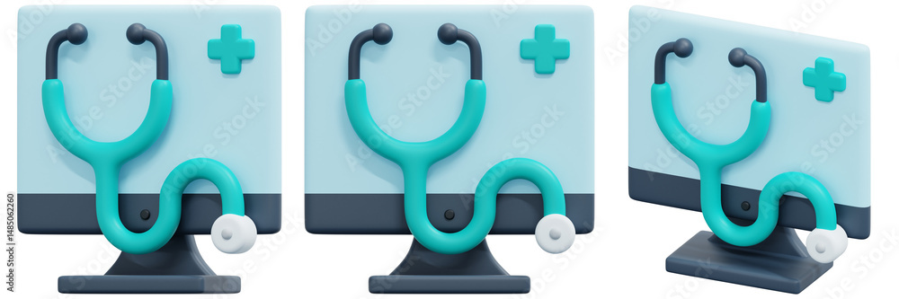 Poster set of 3d rendered computers with teal stethoscopes and plus signs on light blue screens 3d render i