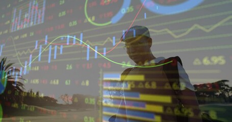 Man carrying golf bag walking on fairway, showing finance overlay with candlestick and line charts - Powered by Adobe