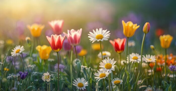 Tulipanes y narcisos coloridos florecen en el jard&iacute;n primaveral bajo la hermosa luz del sol. Fondo de flores primaverales, papel tapiz floral, dise&ntilde;o de banner para foto de stock.