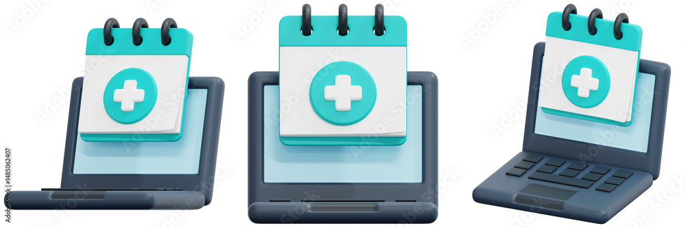 Poster set of 3d renderings of laptops with teal calendar icons and plus symbols 3d render icon illustratio