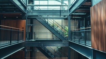 Modern office atrium stairs, industrial design, plants, sunlight