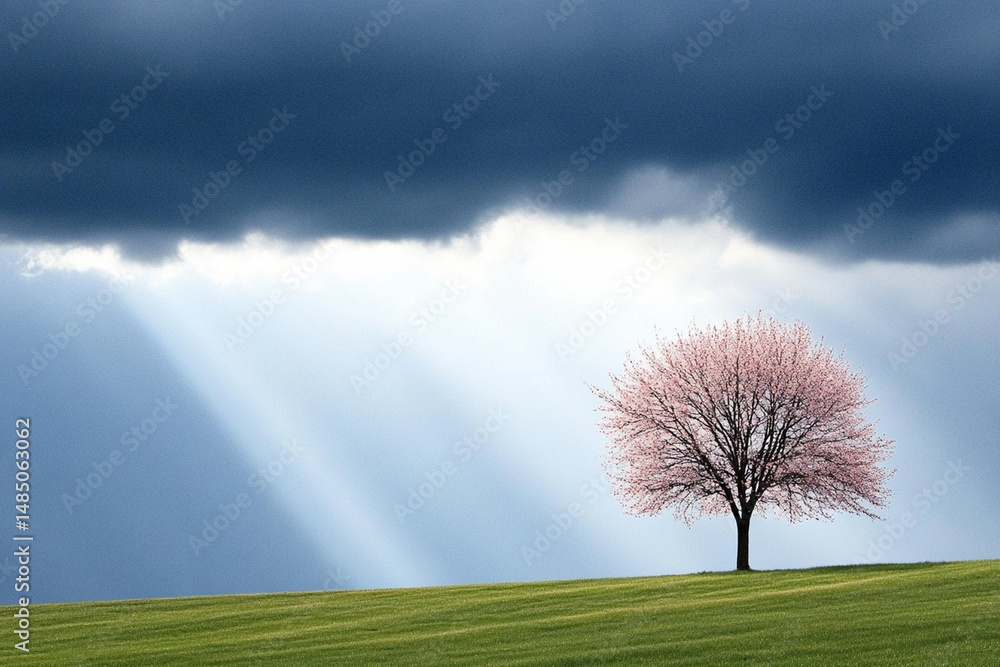 Poster glowing tree with branches reaching into the clouds on a tranquil hillside at twilight