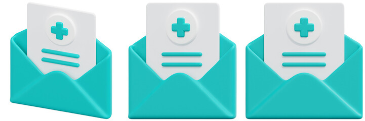 Set of Teal Envelopes Containing 3D Rendered Medical Records 3d Render Icon Illustration