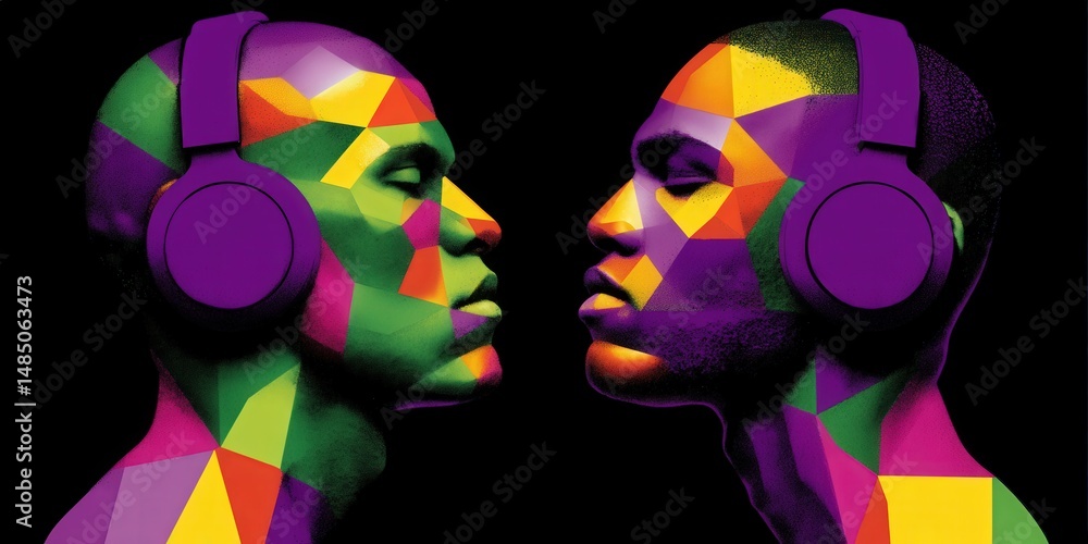 Poster two abstract figures connected through vibrant geometric patterns and wearing headphones reflect the