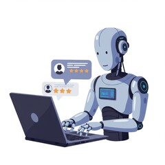 Fototapeta premium Robot using laptop isolated on white background for customer service and automation.