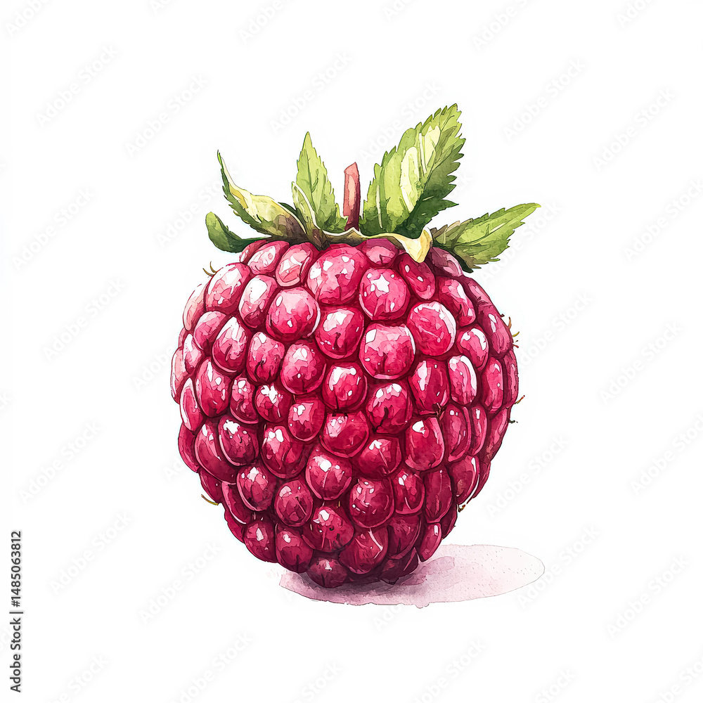 Poster close up of a red raspberry with a leaf on top. the raspberry is ripe and juicy, with a bright red c