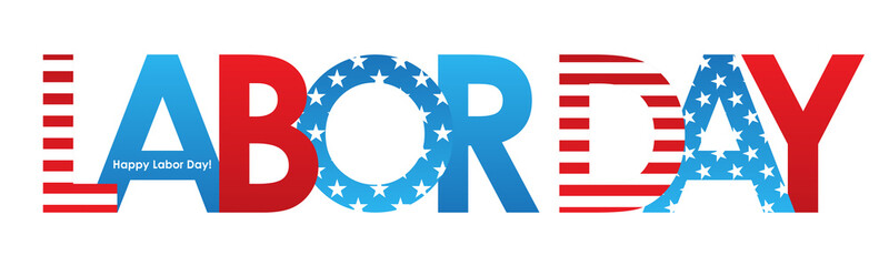 LABOR DAY blue and red typography banner with stars and stripes on transparent background