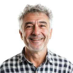 Fototapeta premium Smiling older man in a checkered shirt against a plain background sharing joy and warmth through his expression