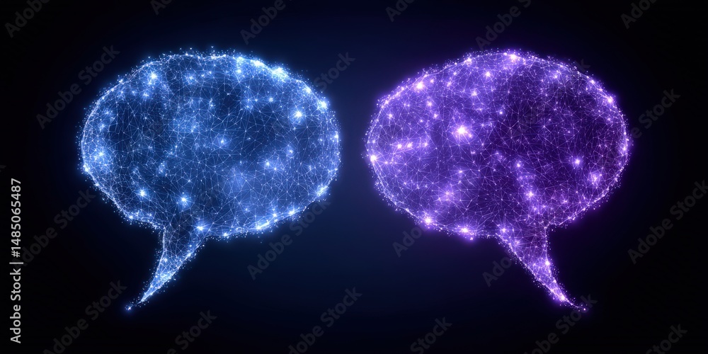 Poster dual conversation bubbles composed of glowing dots representing digital communication and interactio