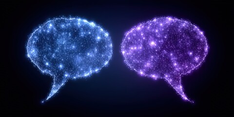Dual conversation bubbles composed of glowing dots representing digital communication and interaction in a bright night setting highlighting the exchange of thoughts and ideas