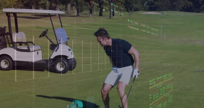 male golfer standing on fairway, displaying sports analytics grid and performance metrics overlay - Powered by Adobe