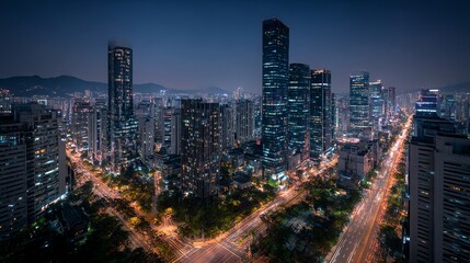 Fototapeta premium Explore Seoul's Gangnam District with stunning 8K ultra-modern buildings. Futuristic skyscrapers, vibrant cityscapes, and high-tech architecture. Perfect for urban, business, and luxury themes.