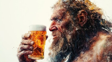 A contemplative caveman gazes intently at a frothy mug of golden beer perhaps dreaming of civilization with a bright