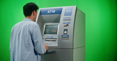 ATM Machine on Green Chroma Key Background: Man Entering PIN Code on ATM Keypad, Choosing Cash...